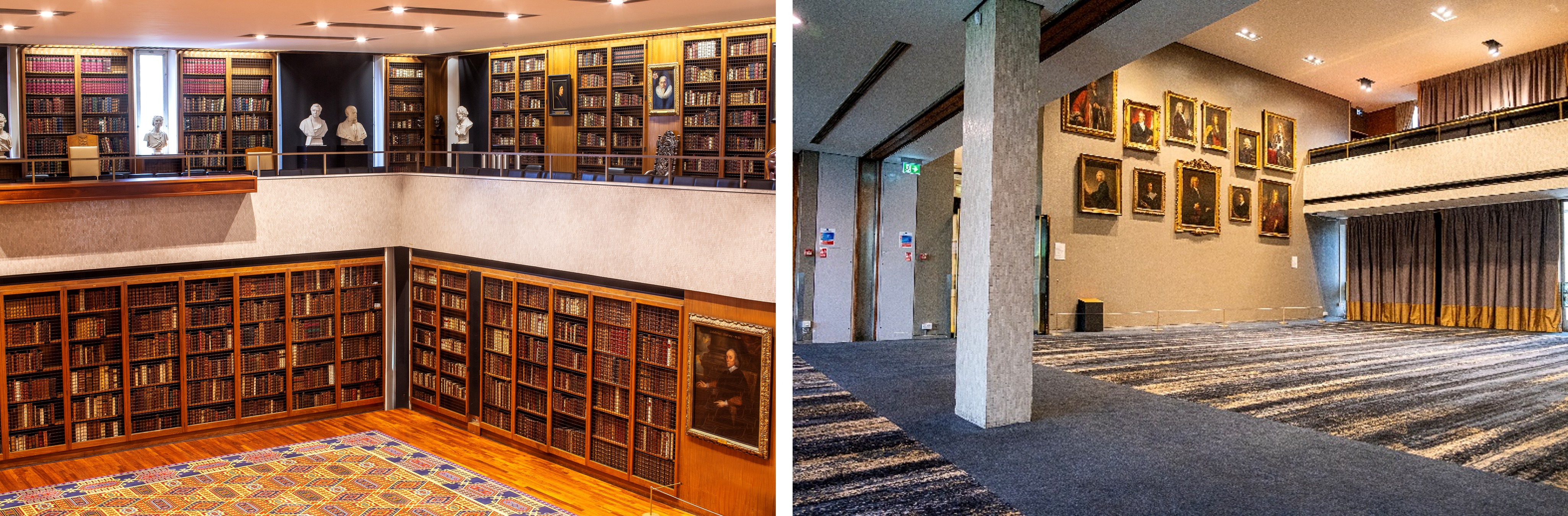 On the left is an image of the Dorchester Library with bookcases lining the walls and portraits and sculpture on display. On the right is an image of the Osler Room, a large space with curtain -covered windows and portraits on the walls.