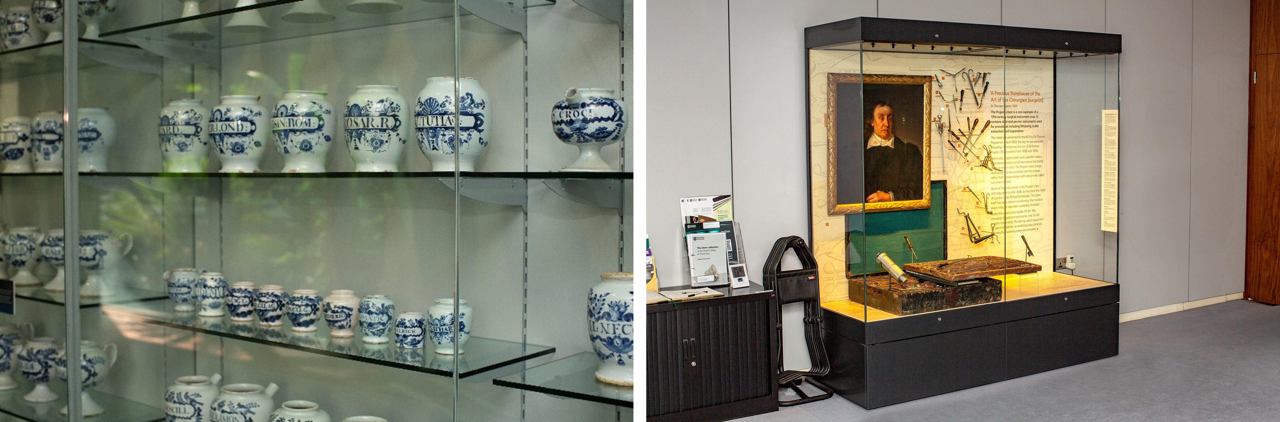 on the left the blue and white apothecary jars. On the right one of the display cases in the Treasures Room with the folding chairs to the left of the case.