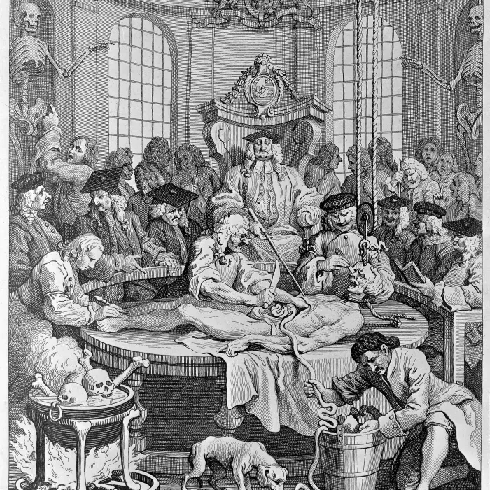 A cartoon of an anatomy theatre similar to the Cutlerian theatre of the RCP, showing the dissection of fictional criminal, Tom Nero.