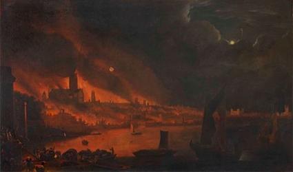 Detail of St Paul’s Cathedral from The Great Fire of London, oil on canvas by unknown artist, 1666-1700, by kind permission of The Society of Antiquaries of London