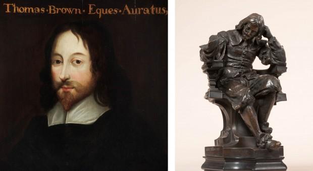 Sir Thomas Browne (1605–1682). Oil on panel by an unknown artist, late 17th century, and bronze statuette by Henry Pegram, 1905.