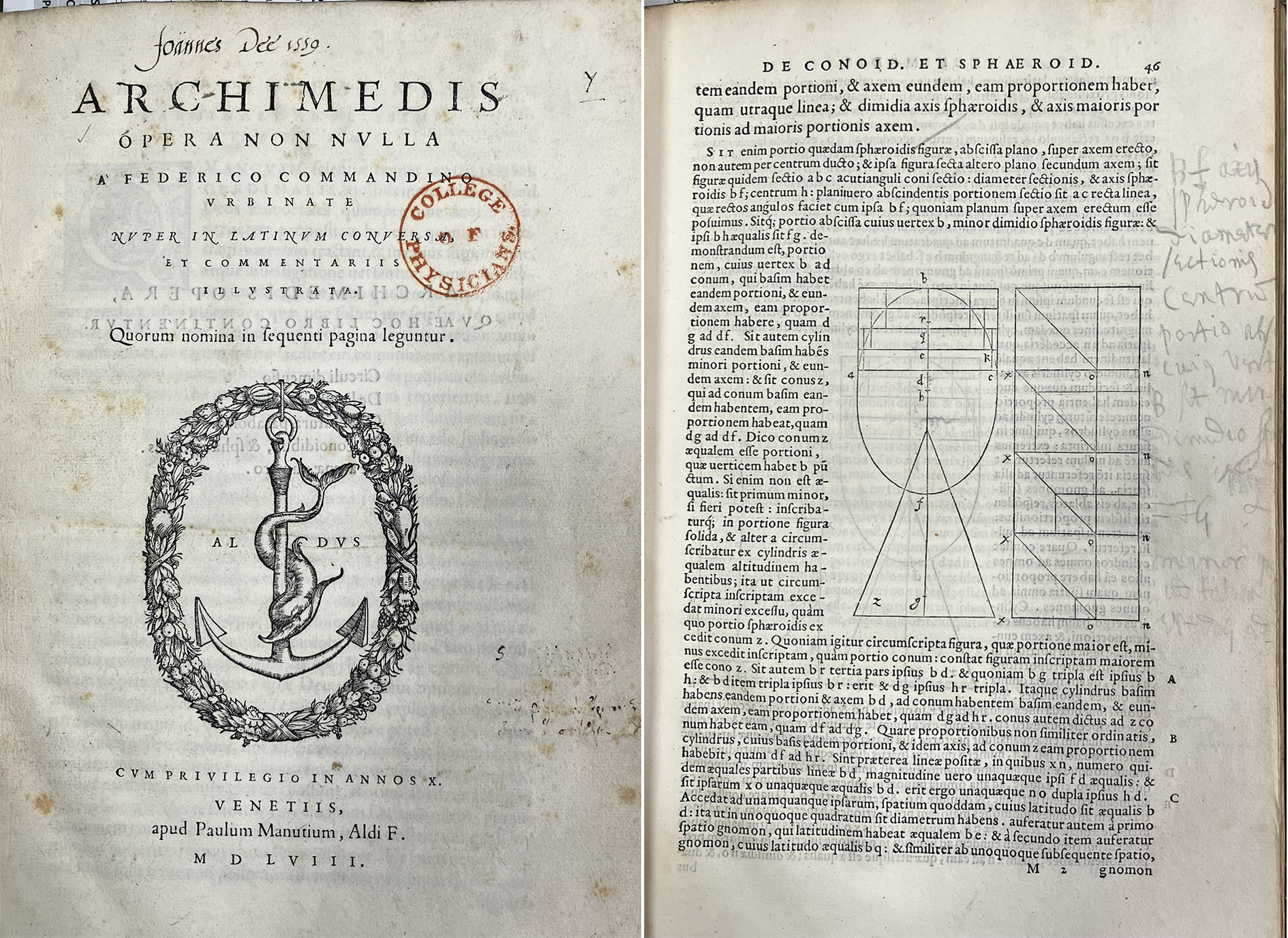 Composite image, showing a printed frontispiece (left) and printed interior page from a book, with text and geometric diagrams (right).